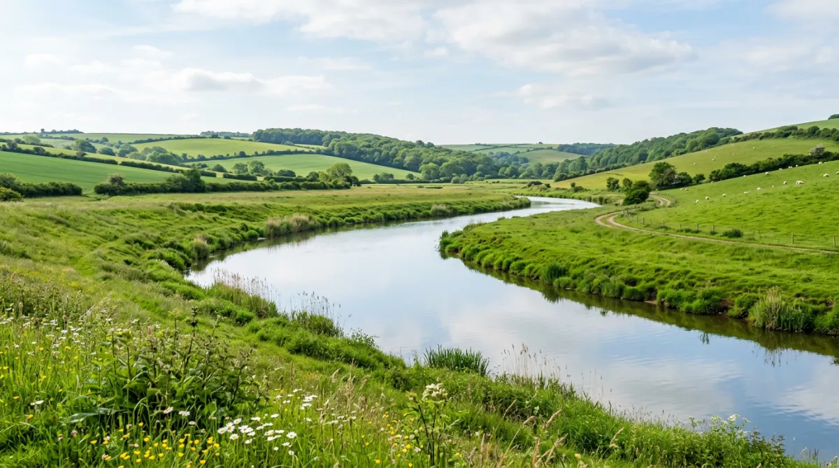 A calm, meandering river surrounded by lush green grassy banks and rolling hills.