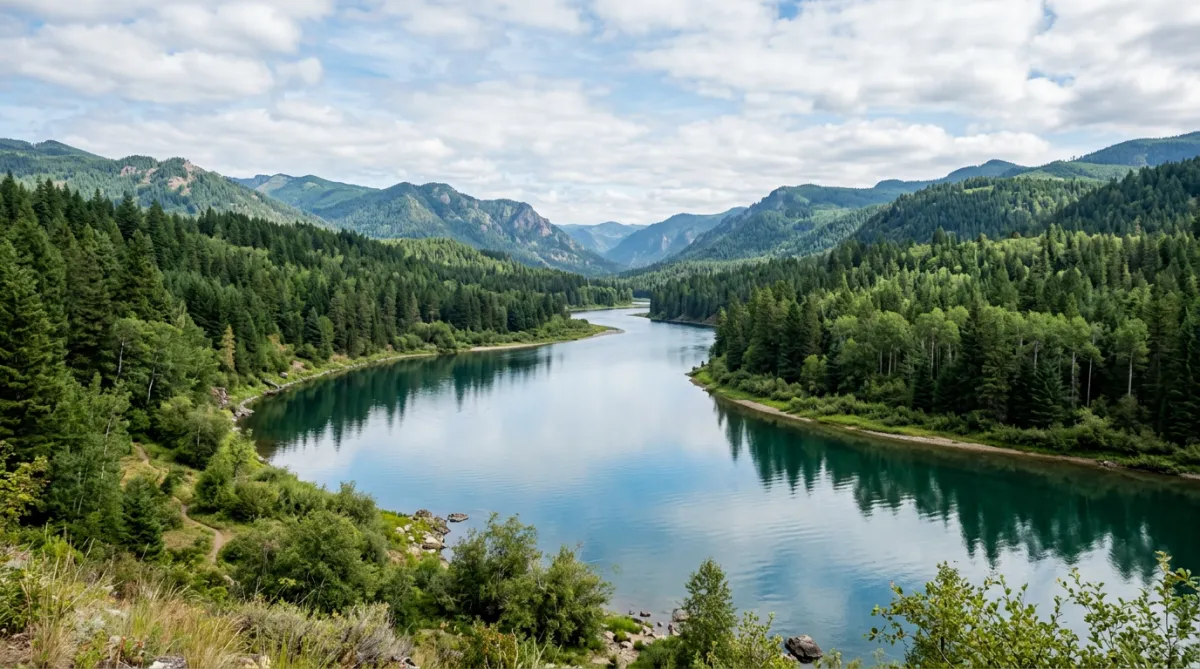 A wide, calm river flowing through a forested valley under a partly cloudy sky.