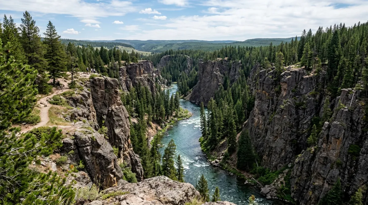 A river canyon with steep rocky banks and pine trees.