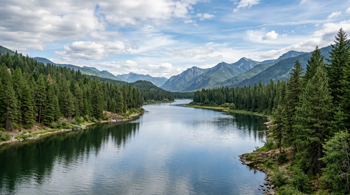 A wide, calm river flowing through a valley with pine trees on the banks under a partly cloudy sky.