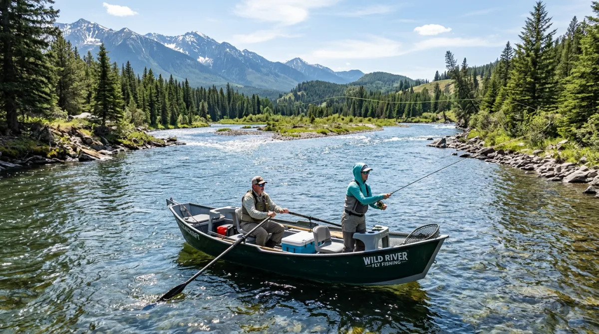 A wide river scene with two people fishing from a drift boat on a sunny day.