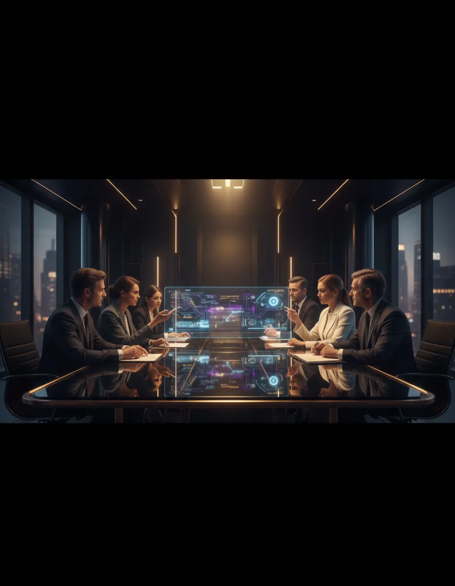 Executive team collaborating over AI dashboard