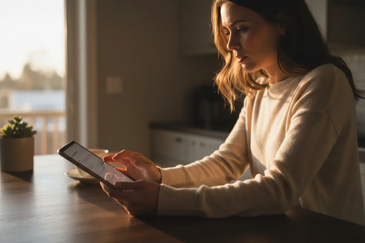 Homeowner reviewing a home valuation on a tablet at a kitchen island.