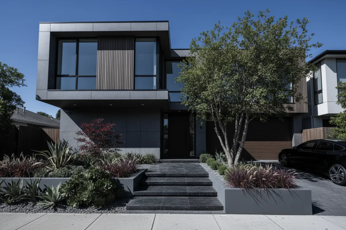 Modern townhouse exterior with landscaped frontage and clean architecture