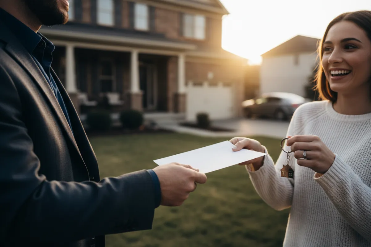 Loan officer handing a pre-approval letter to a smiling homeowner outside a home.