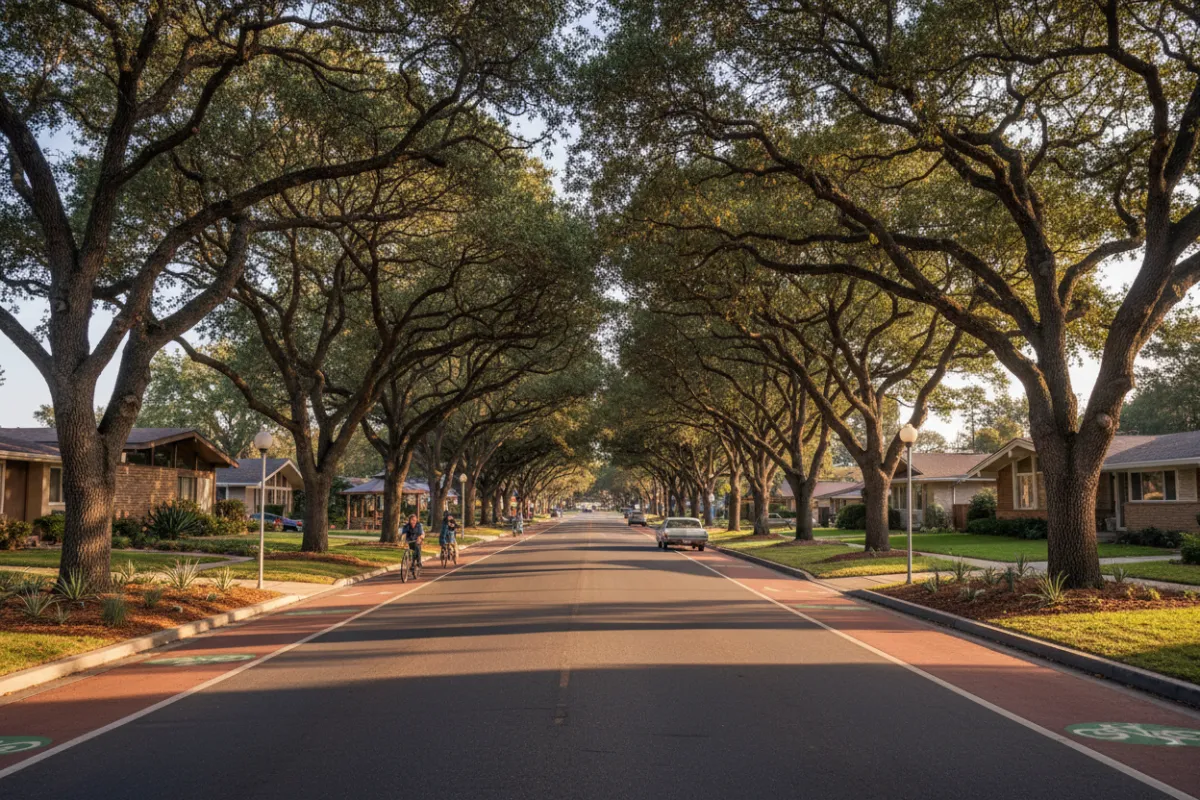 Tree-lined boulevard in Missouri City, TX