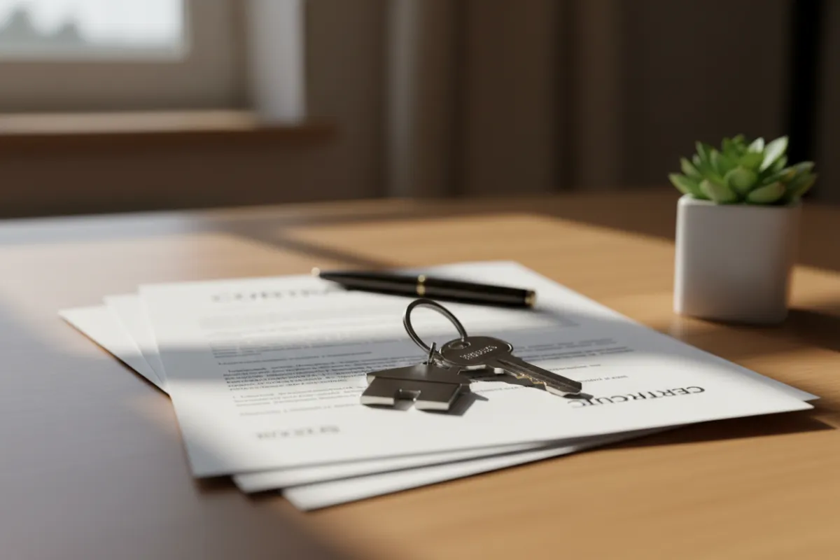Close-up of a real estate contract and keys on a table.