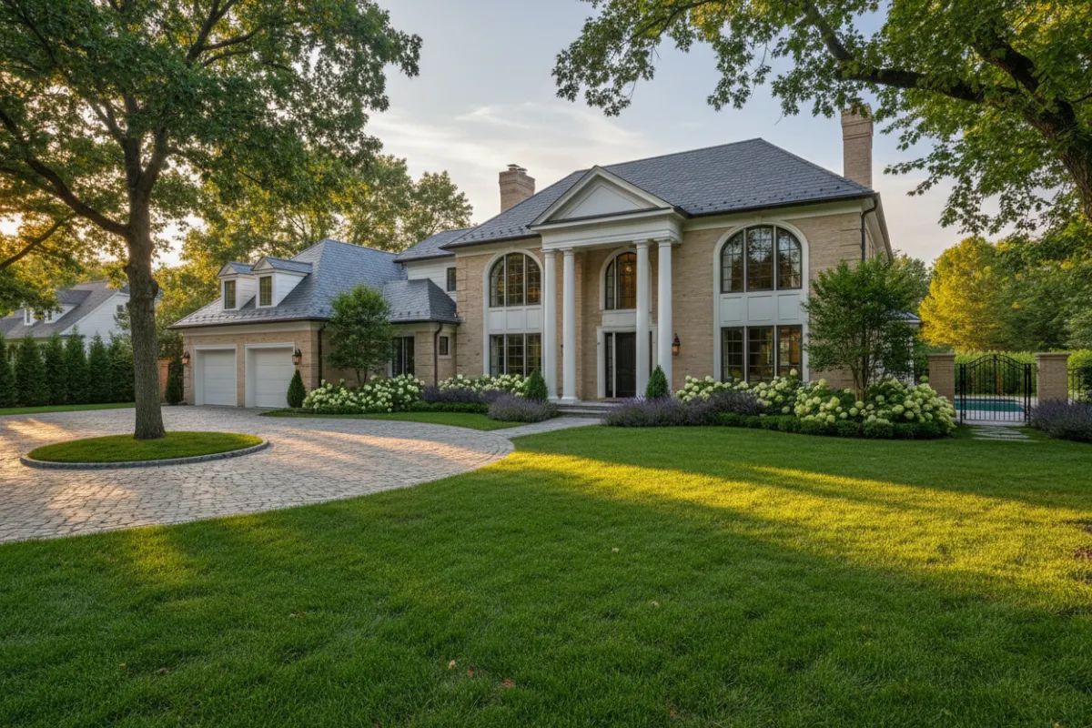 Elegant suburban home with manicured lawn in warm late afternoon light