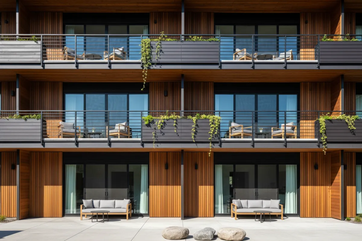 Modern rental exterior showing balcony and wood accents in bright daylight