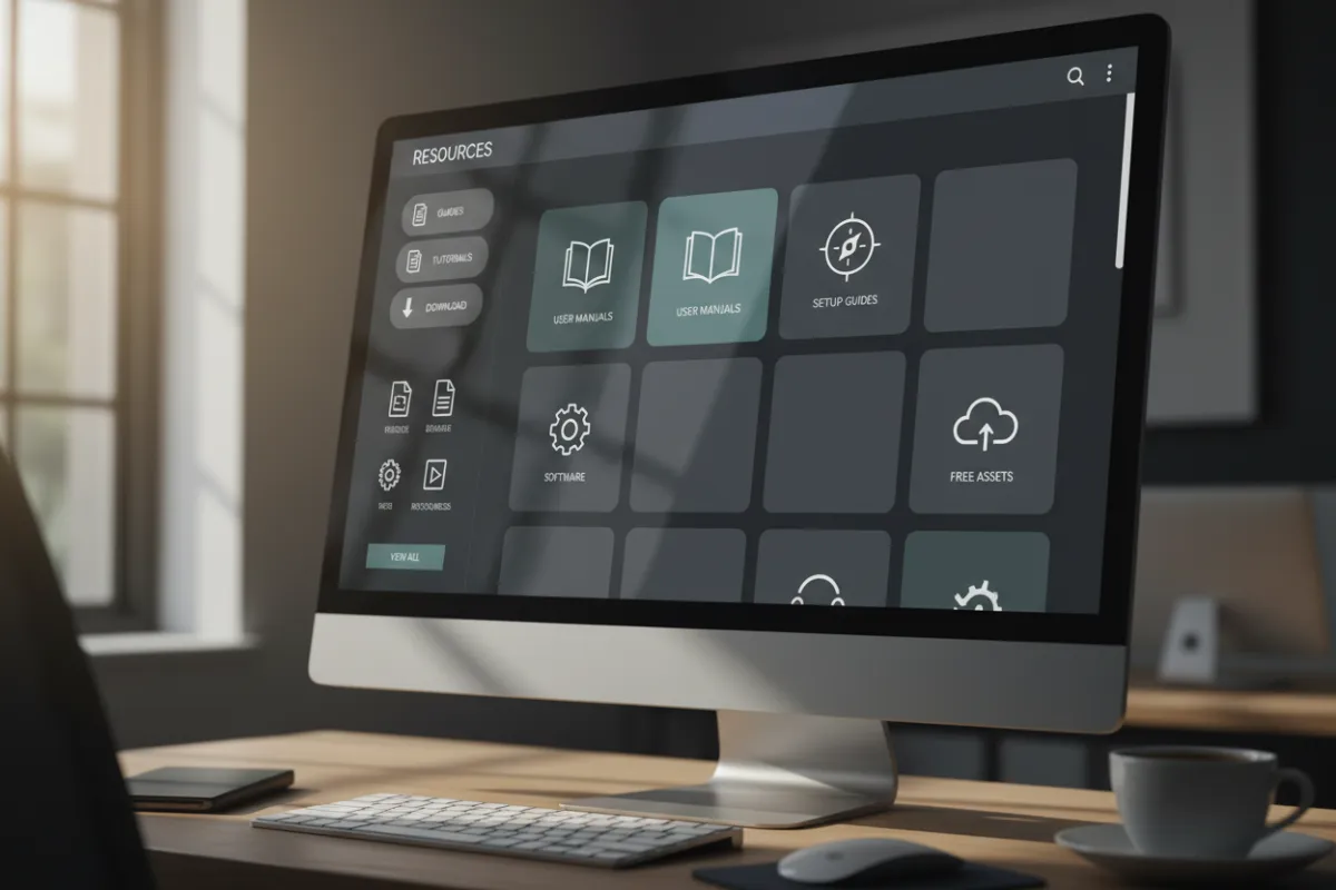 Resource directory page with guides and downloads on a desktop screen.