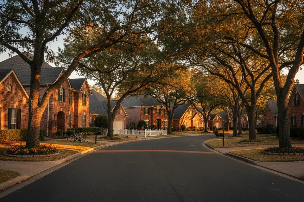 West District neighborhood street with mature oaks and brick homes at golden hour