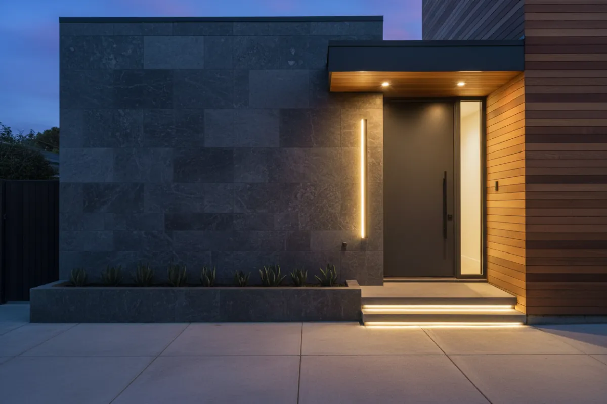 Contemporary townhouse front entry with clean lines and evening lighting