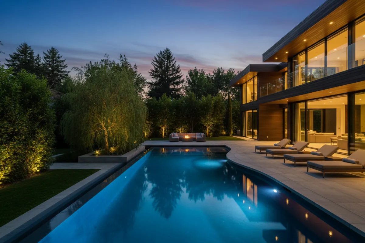 Luxurious family home with pool and privacy landscaping at twilight