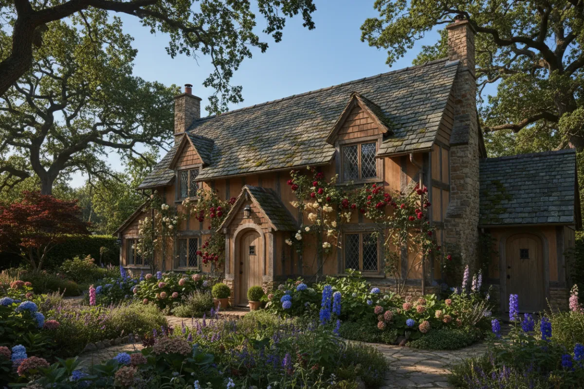 Cozy cottage-style home with mature landscaping under clear sky