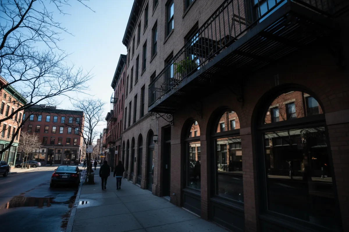 City rental exterior with balcony and street view