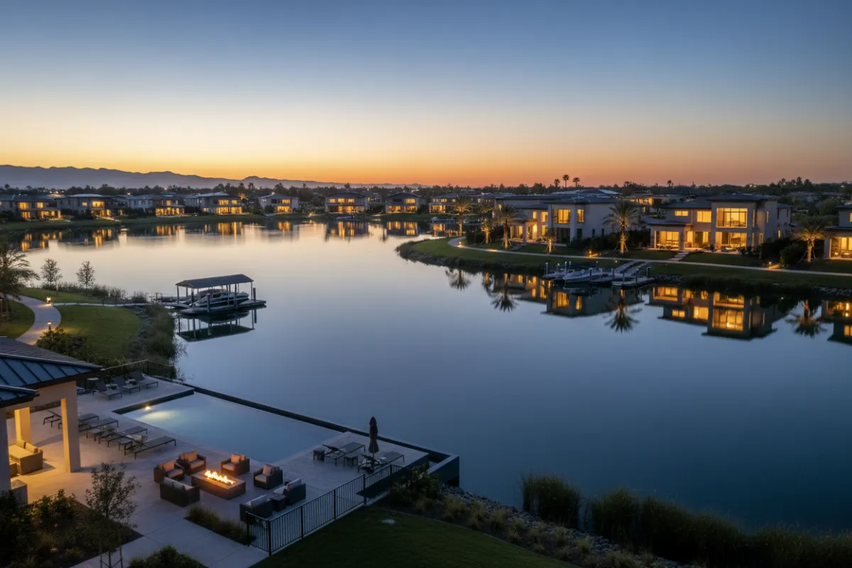 Lakeside Estates subdivision with modern homes reflecting on calm water at dusk