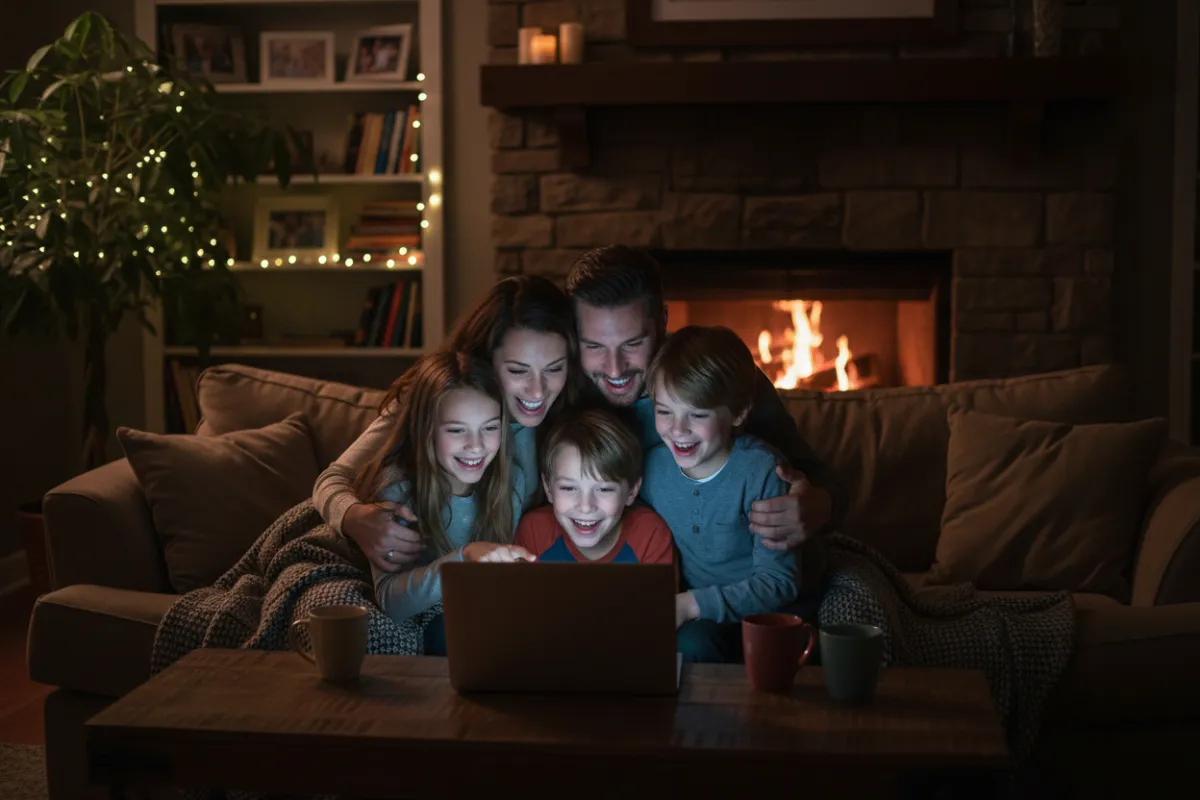 Smiling family at a laptop reviewing new listing alerts in a cozy living room.