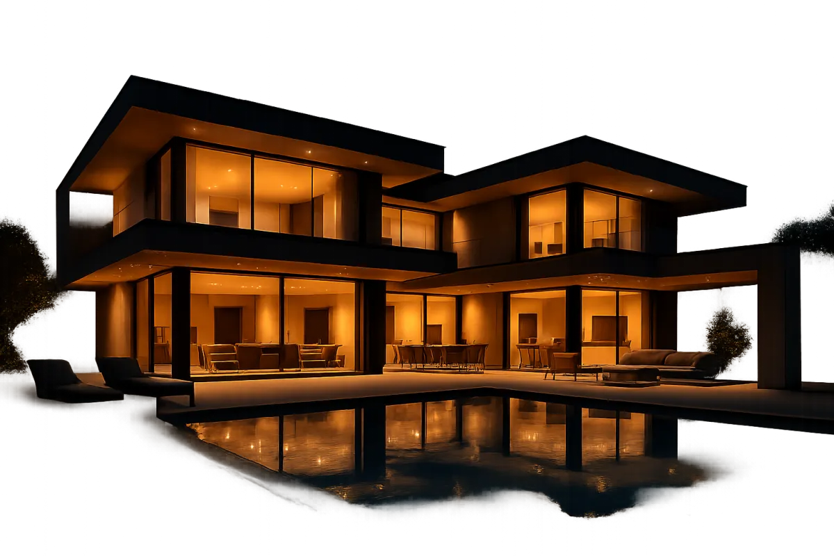 Modern luxury property at dusk with pool reflection