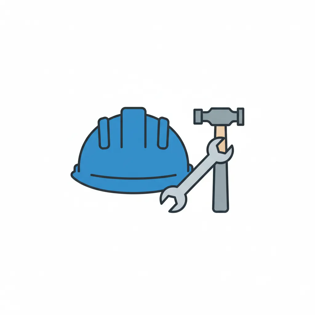 Stilisierte Illustration eines blauen Bauhelms und Werkzeugs auf weißem Hintergrund, symbolisiert einen industriellen Jobsuchenden