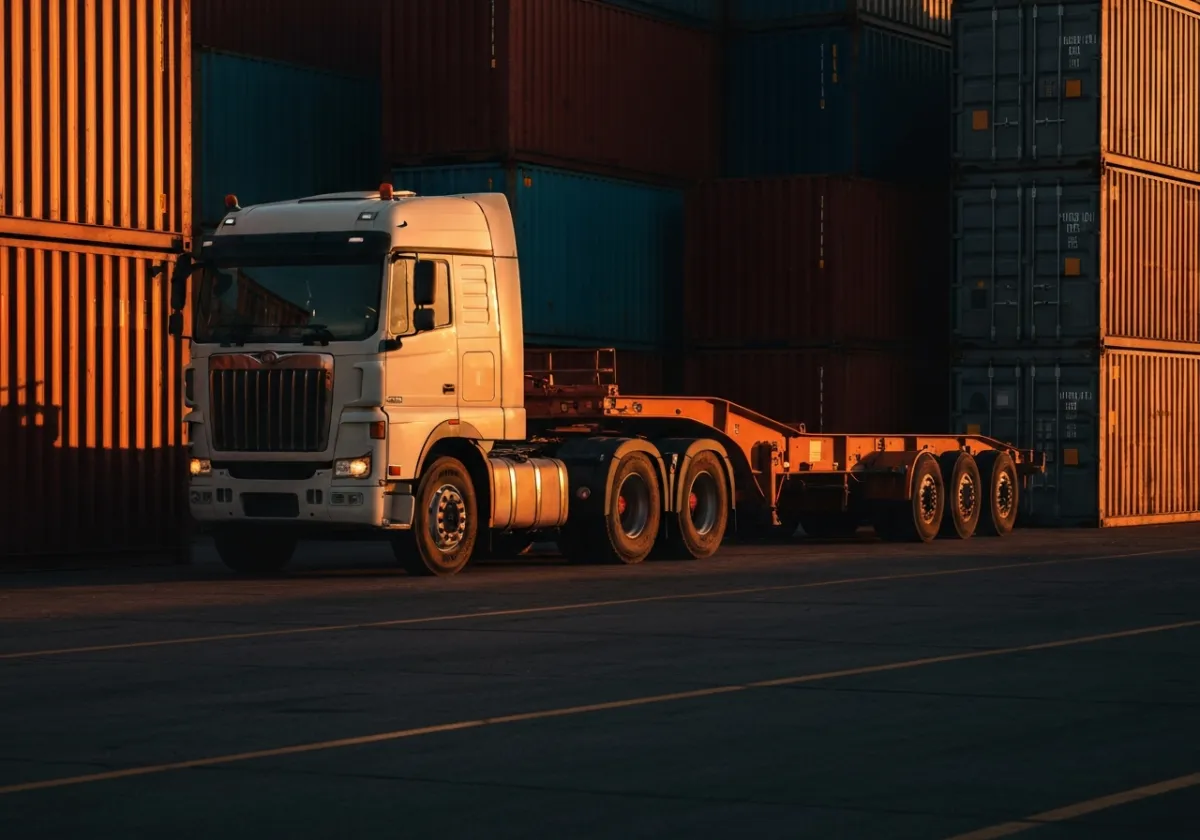 Tractor pulling a trailer/container chassis in a freight yard/port