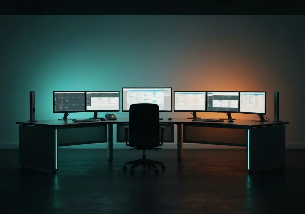 Professional freight-dispatch workstation with multiple monitors and routing/shipment screens