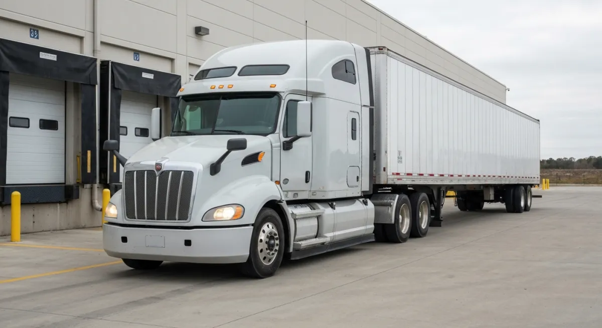 Modern Class 8 semi-truck with 53-foot dry-van trailer at an active warehouse loading dock (daytime, no logos)