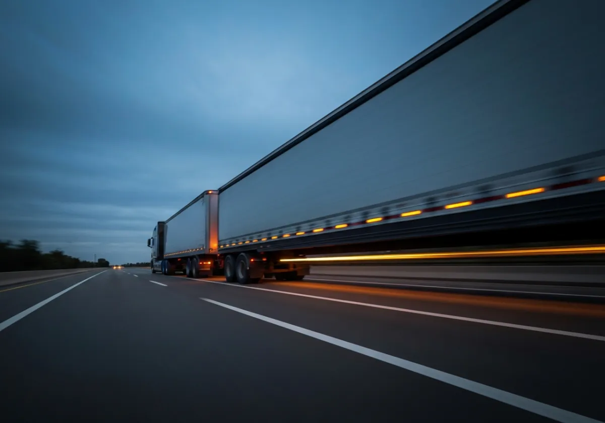 Semi-truck moving quickly on a highway at dusk/early morning