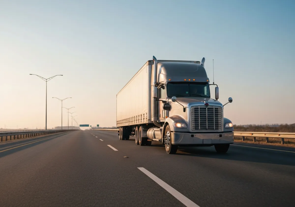 Semi-truck traveling on an interstate / wide highway scene suggesting nationwide transportation
