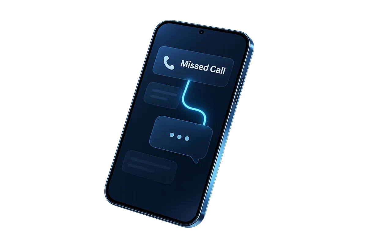 Smartphone workflow mockup demonstrating instant missed-call SMS text-back and booking automation