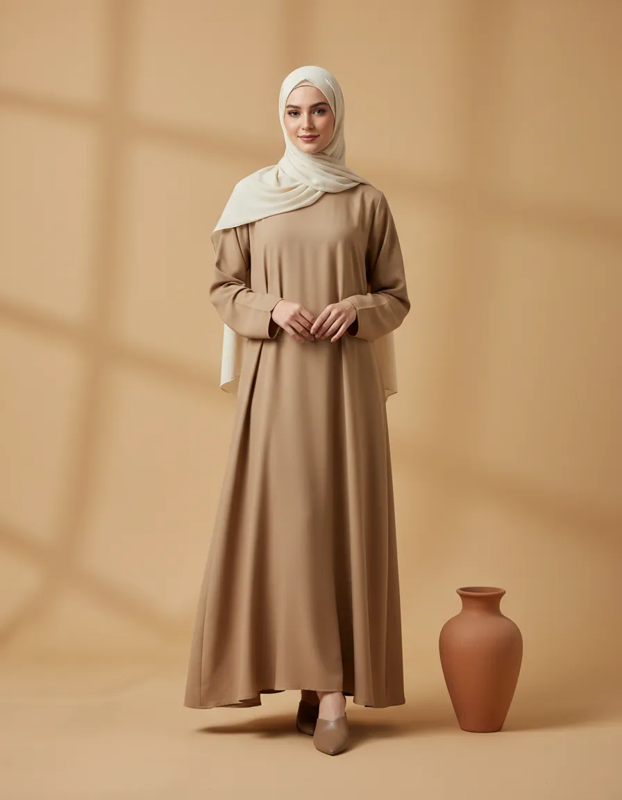 Model wearing modern modest hijab outfit