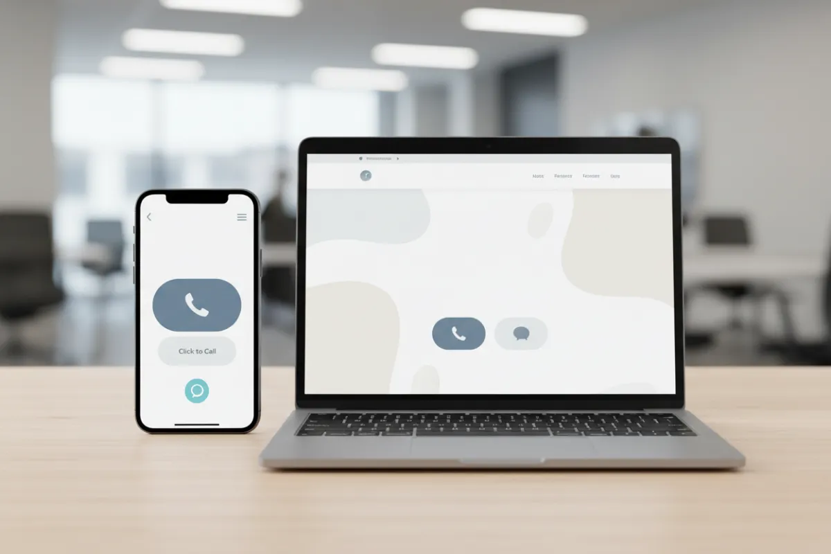 Mobile-first service website on phone and laptop with click-to-call buttons and AI chat widget