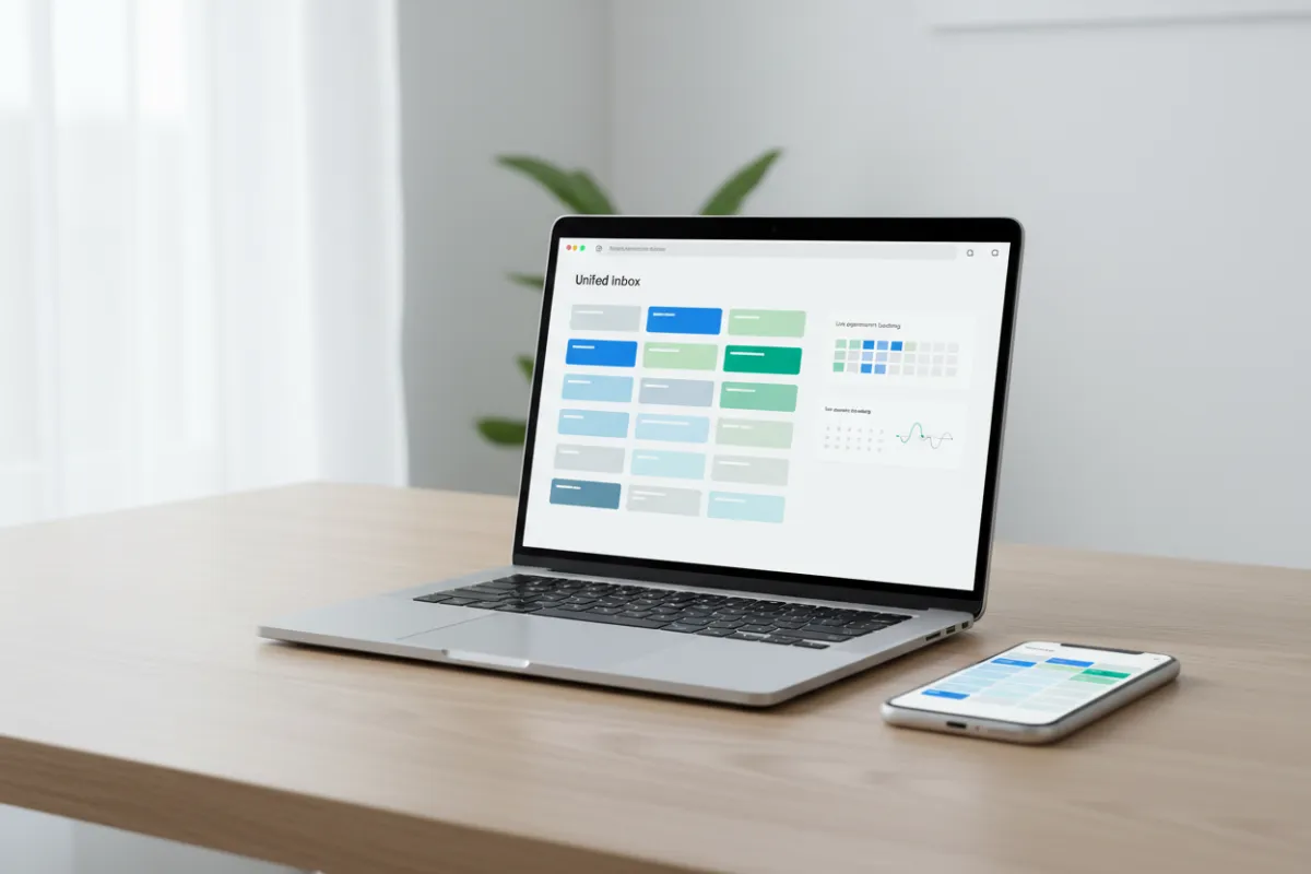 AI-powered unified inbox and live appointment booking dashboard on laptop and smartphone.