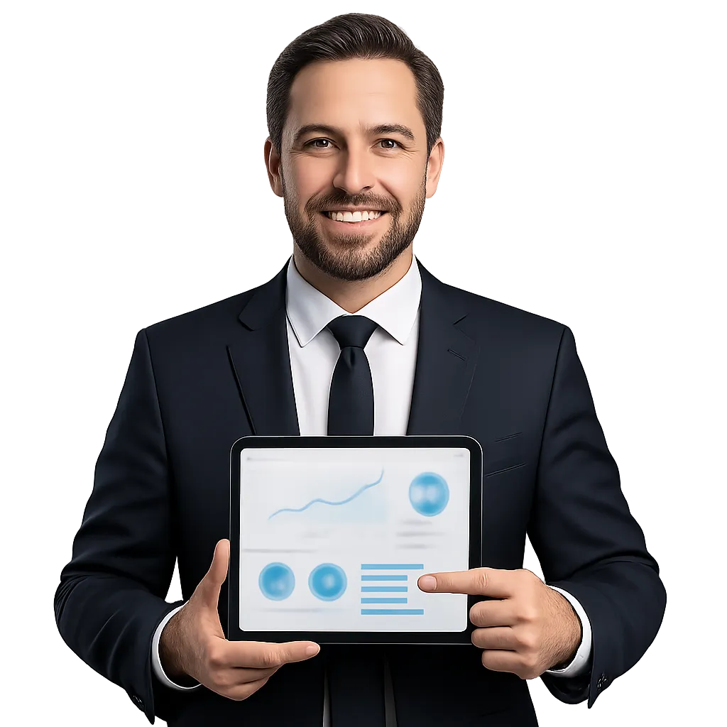 Confident business owner holding a tablet showing a results dashboard