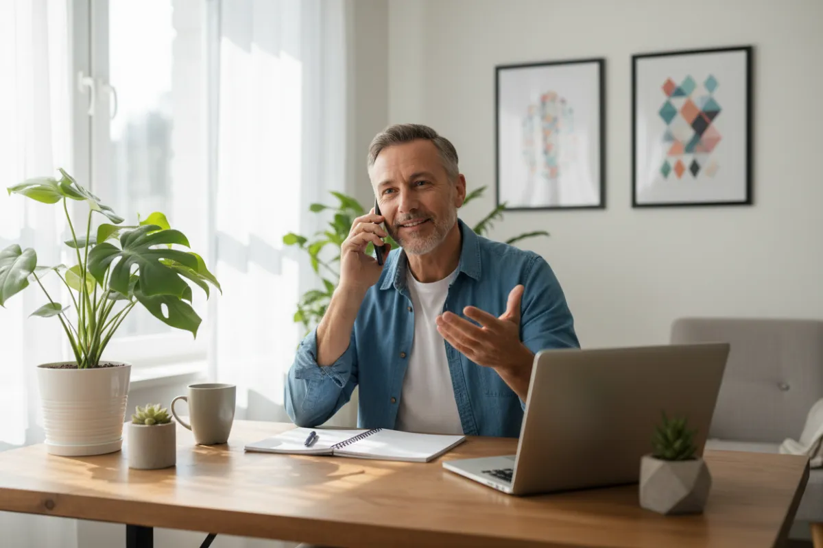 A small business owner, a middle-aged man, speaking on the phone at a tidy desk with a laptop and notepad. The workspace is bright, with plants and motivational posters, creating a welcoming and approachable atmosphere.