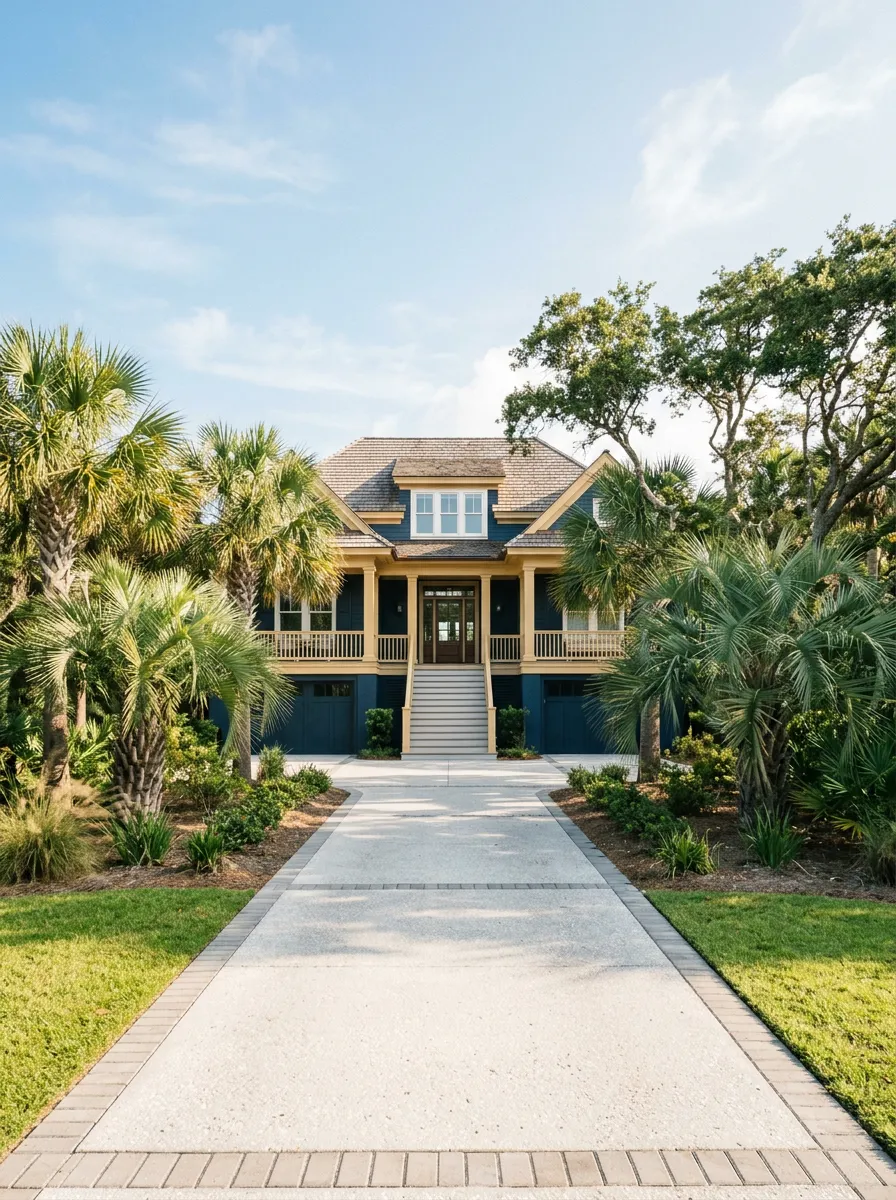 Immaculate coastal home entrance and driveway on Folly Beach