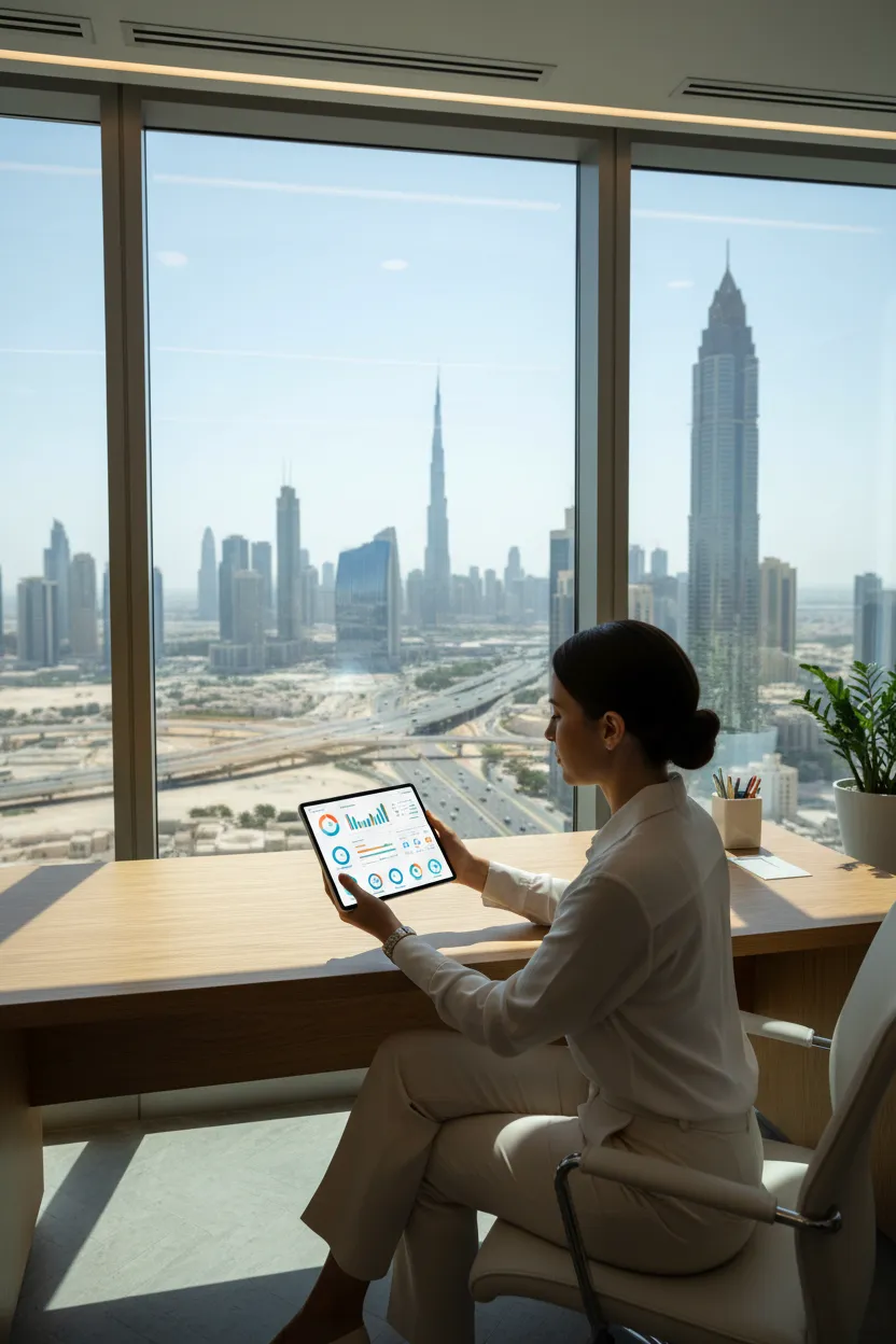 Nutritionist analyzing digital health data with Dubai cityscape visible through window, 2:3 aspect ratio