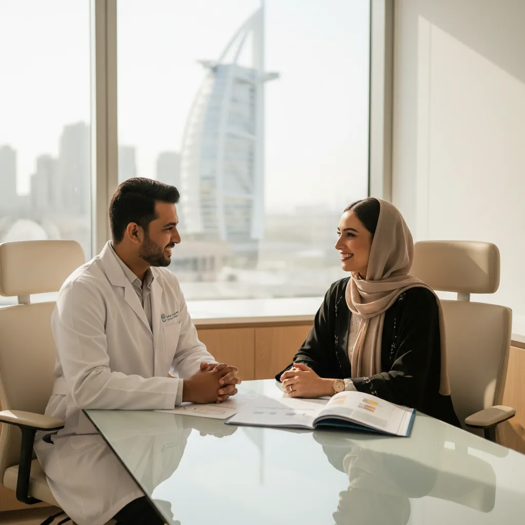 Medical professional consulting with a diverse Dubai client in a modern clinic, both smiling, 1:1 aspect ratio