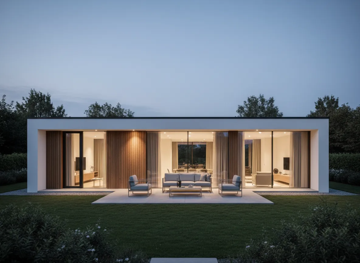 Casa prefabricada contemporánea con grandes ventanales