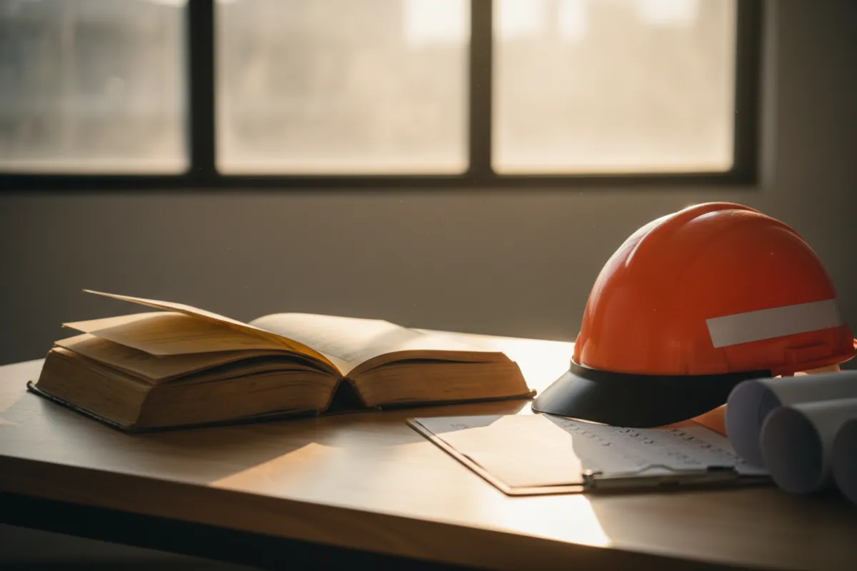 OSHA course materials on a workstation with a hard hat and checklist.
