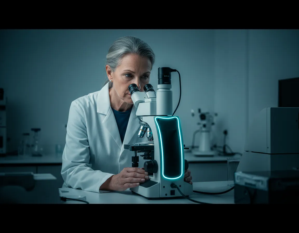 Senior technologist meticulously reviewing a diagnostic slide