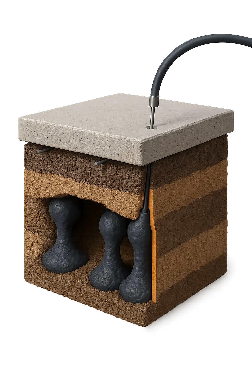 Scientific cross-section illustration showing the mudjacking slurry injection process lifting a sunken concrete slab.