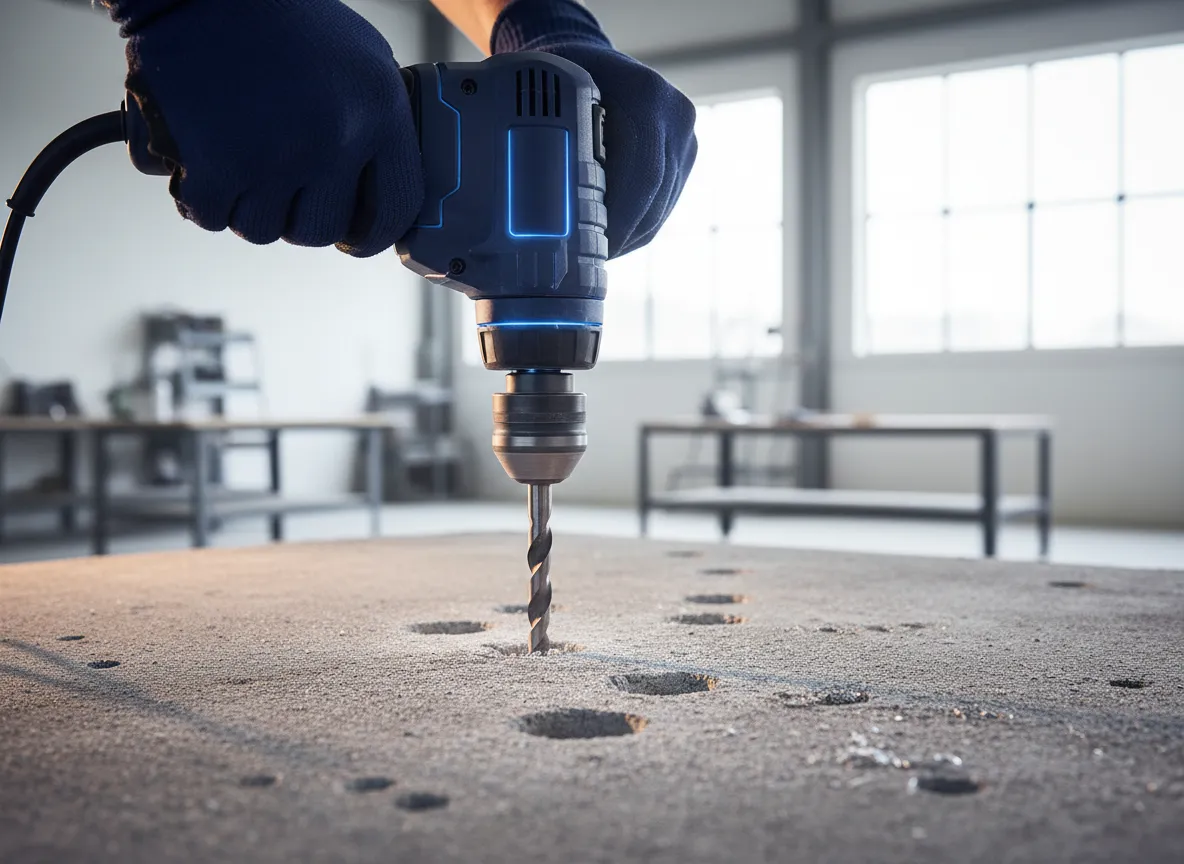 Technician drilling small holes for polyjacking foam injection