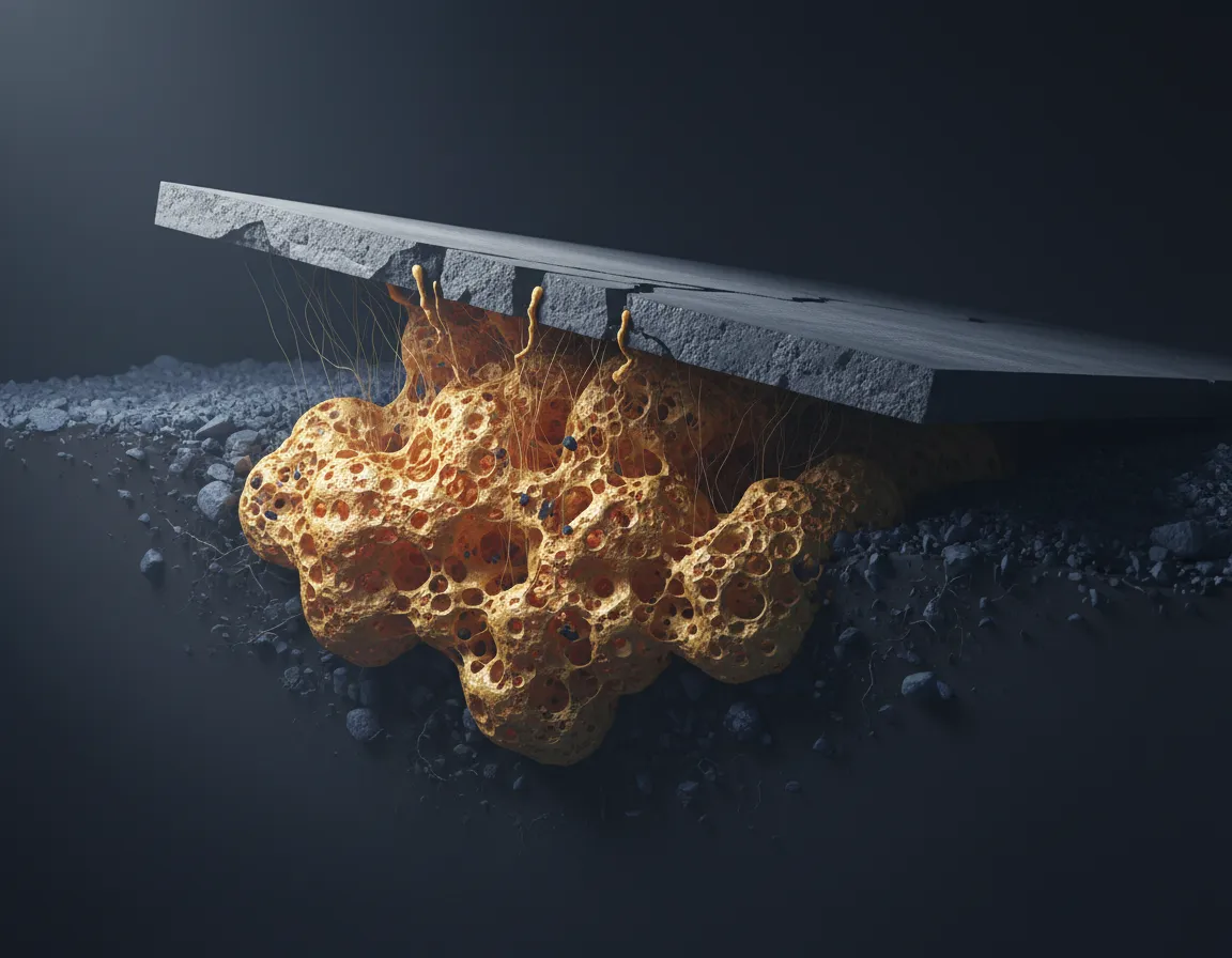 Polyurethane foam expanding to fill voids beneath concrete