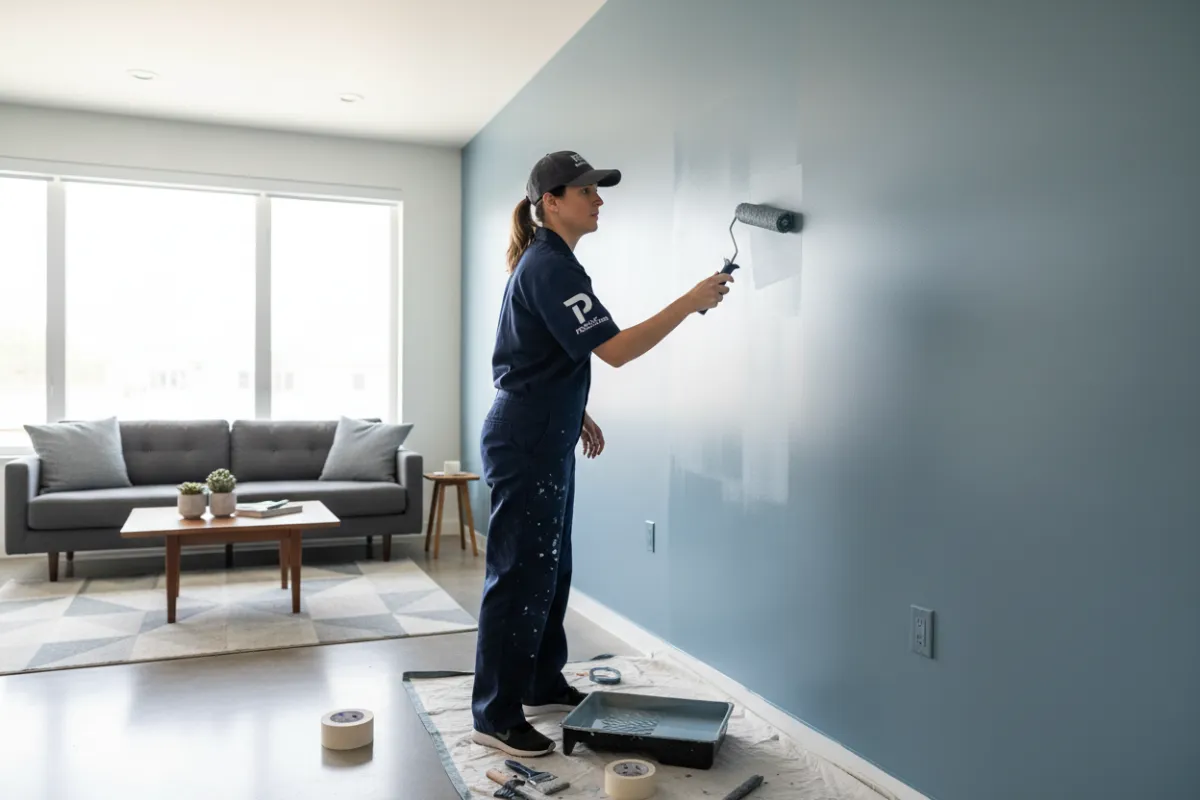 Professional painter in uniform painting a modern living room wall in Metro Detroit, using premium tools, with natural light and a clean, organized workspace.