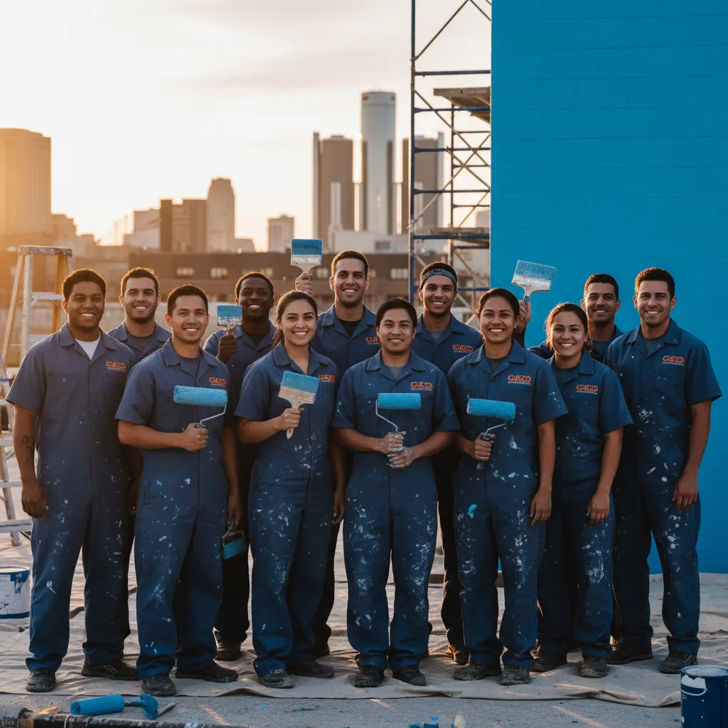 A diverse group of men and women in Go Mega Painting uniforms, smiling together at a Metro Detroit job site. The team stands in front of a freshly painted wall, holding brushes and rollers, radiating professionalism and camaraderie.