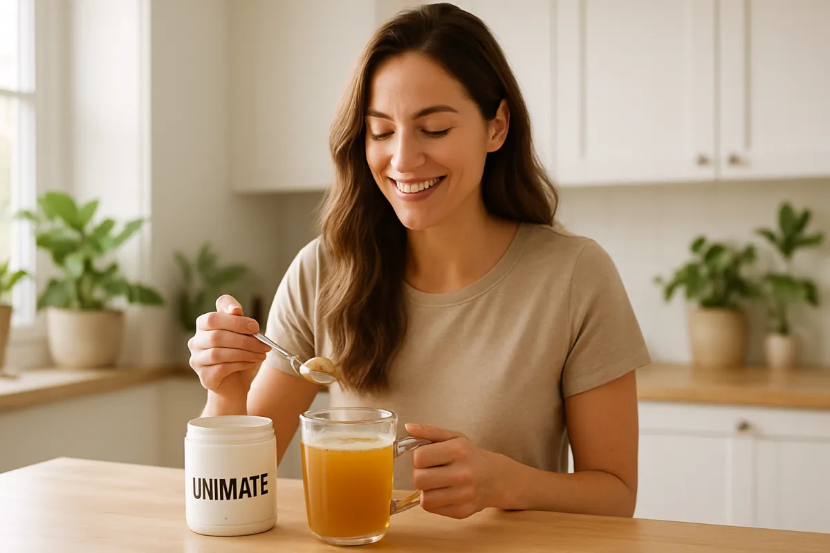 Smiling woman prepping a Unimate morning drink in a bright kitchen with natural light and plants.