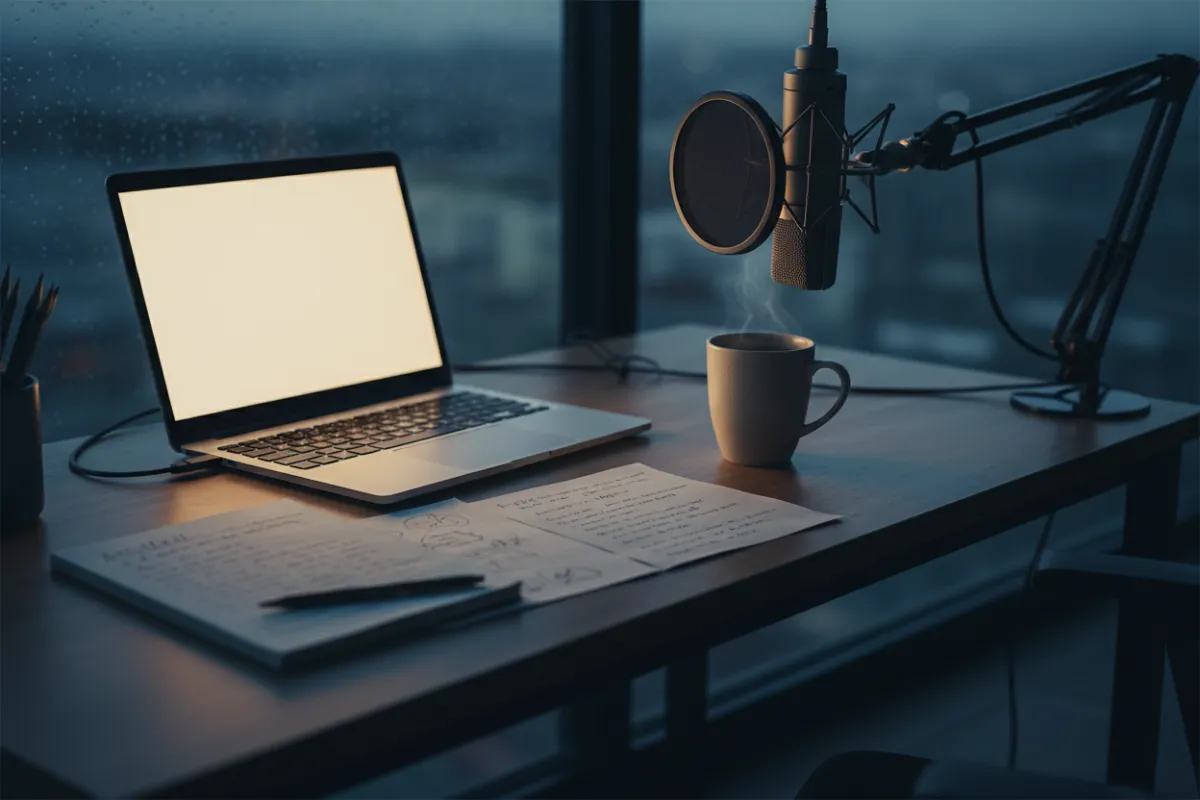Production desk with laptop, notes, coffee, and microphone in moody lighting.