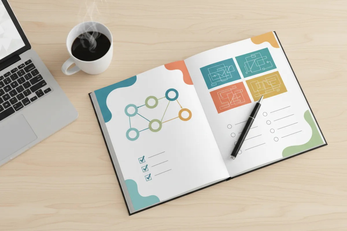 A flat lay of a printed toolkit, open to pages with structured prompts and colorful diagrams, surrounded by a laptop and a coffee mug on a clean desk. The image highlights the organized, actionable nature of the toolkit contents.