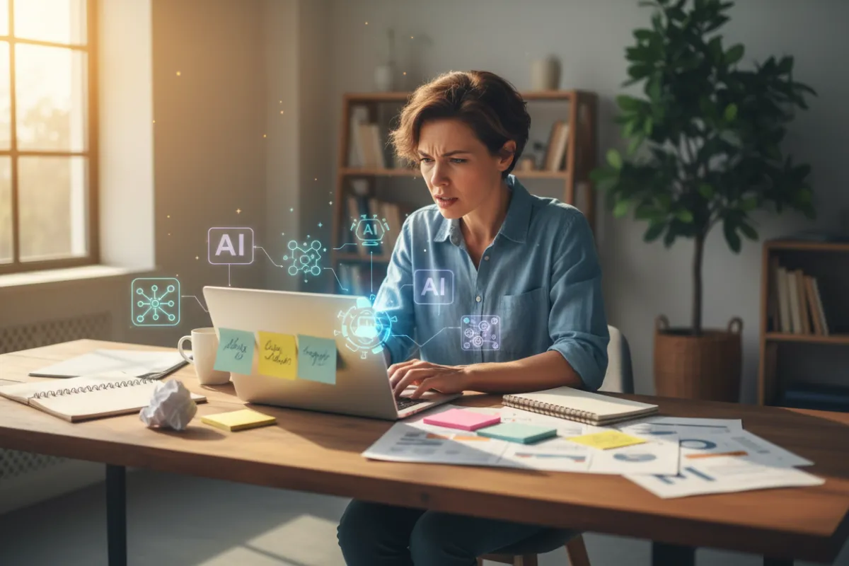 A business owner looking at a computer screen with a puzzled expression, surrounded by scattered AI icons and documents, in a bright office setting. The image conveys the frustration and confusion of inconsistent AI use.