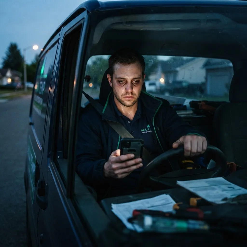 Stressed trade contractor reviewing missed calls and missed emergency jobs on his smartphone late at night in a service vehicle